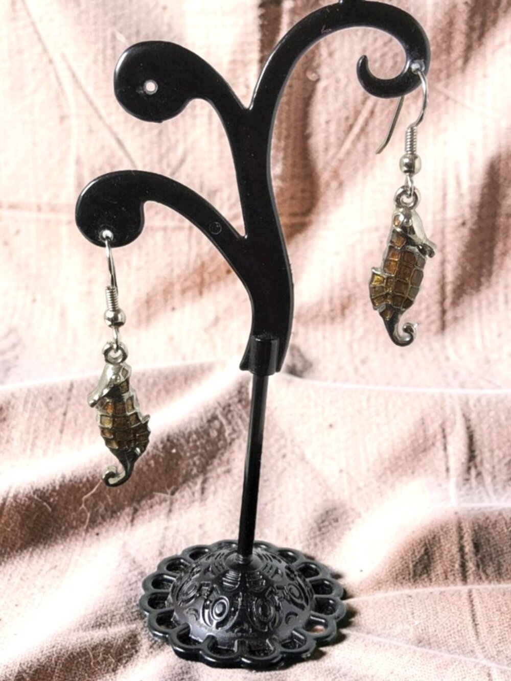 Vintage Sea Horse Dangle Silver Tone Metal,Gold Enamel Earwire Earrings